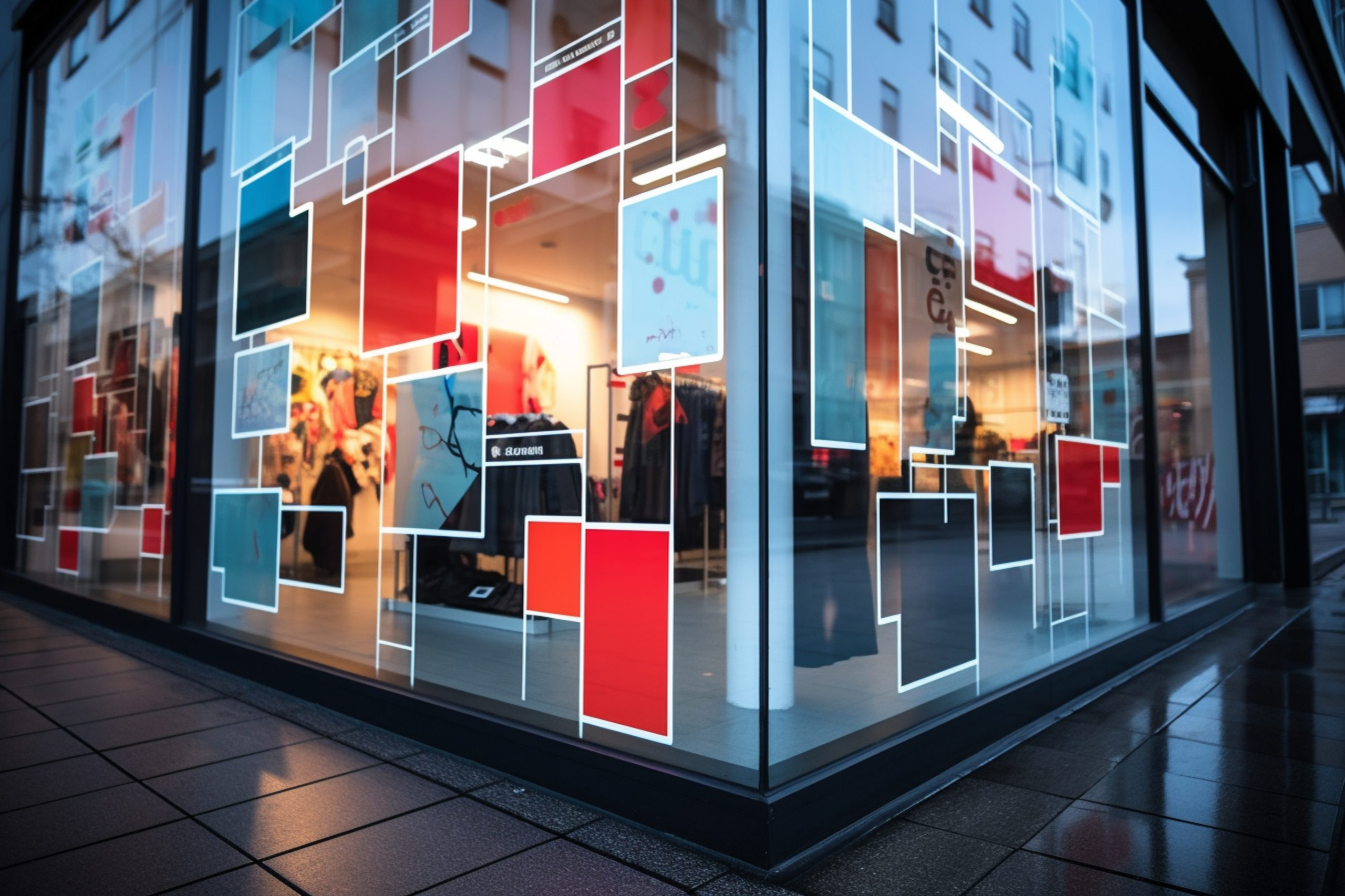 arafed glass window with a colorful display of clothing in it. g